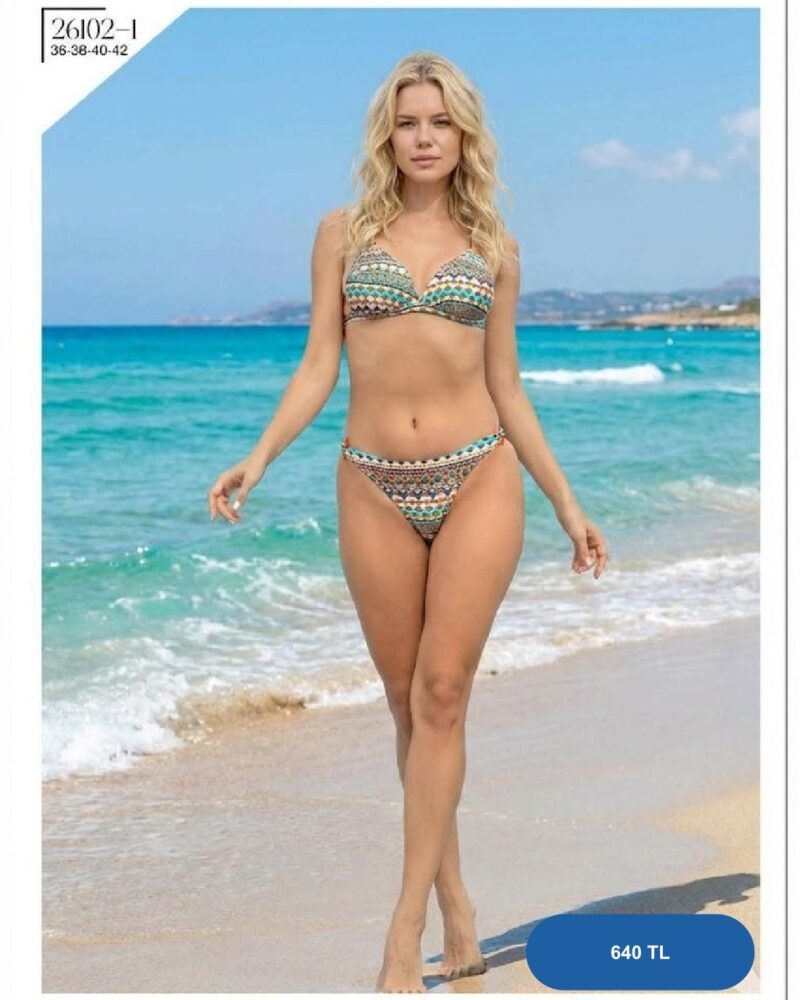 Toptan Kahverengi Tropikal Desenli Bikini Takımı