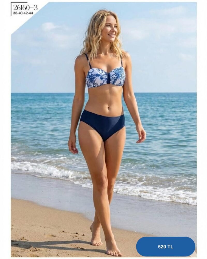 Toptan Mavi Yaprak Desenli Üçgen Bikini Takımı
