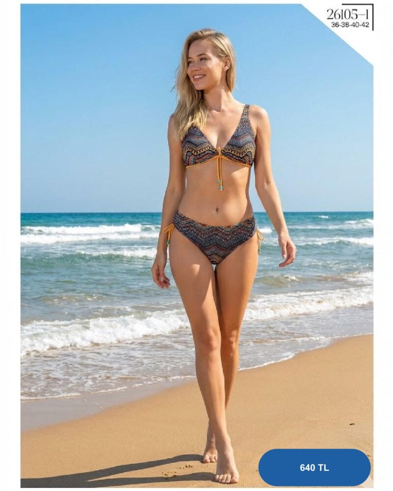 Toptan Limon Desenli Yeşil İpli Bikini