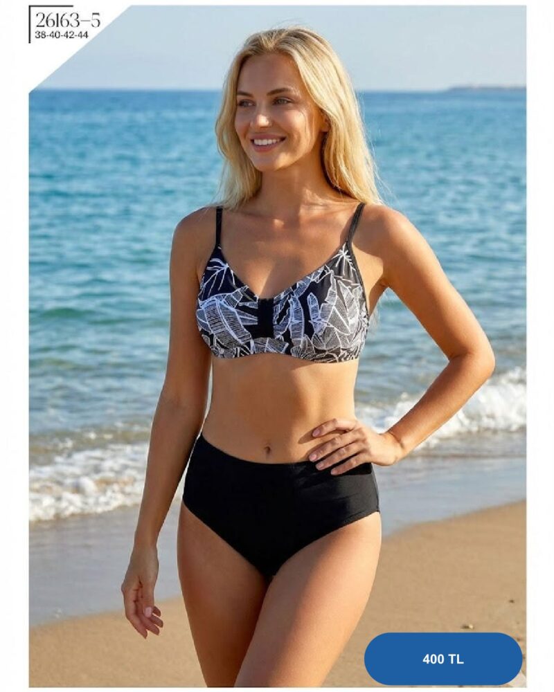 Toptan Kırmızı Tropikal Desenli Siyah Bikini