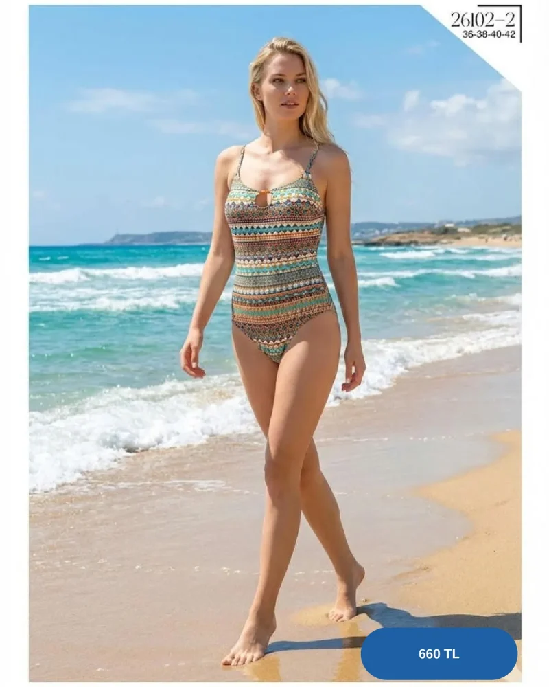 Toptan Etnik Çizgili Göğüs Dekolteli Mayo