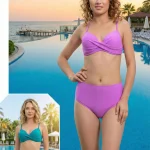 Toptan Lila Kruvaze Yaka Yüksek Bel Bikini Takımı KADIN MAYO BIKINI 26 122