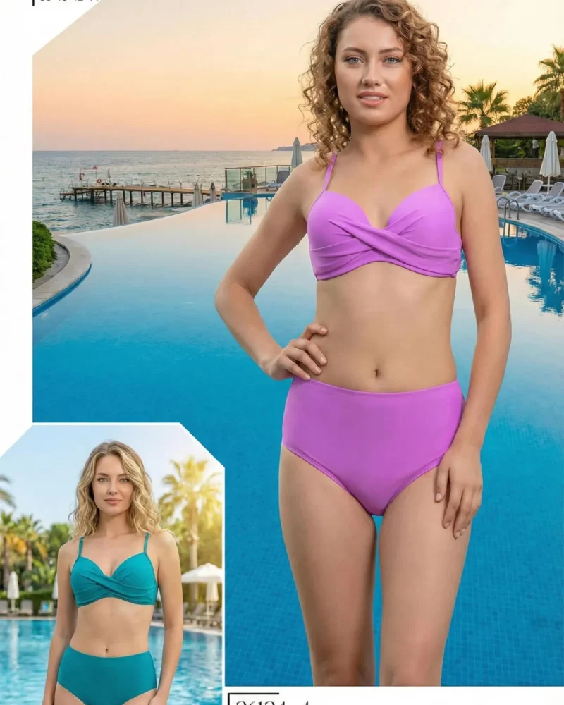 Toptan Lila Kruvaze Yaka Yüksek Bel Bikini Takımı
