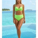 Toptan Neon Yeşil Kruvaze Yaka Yüksek Bel Bikini Takımı KADIN MAYO BIKINI 26 124