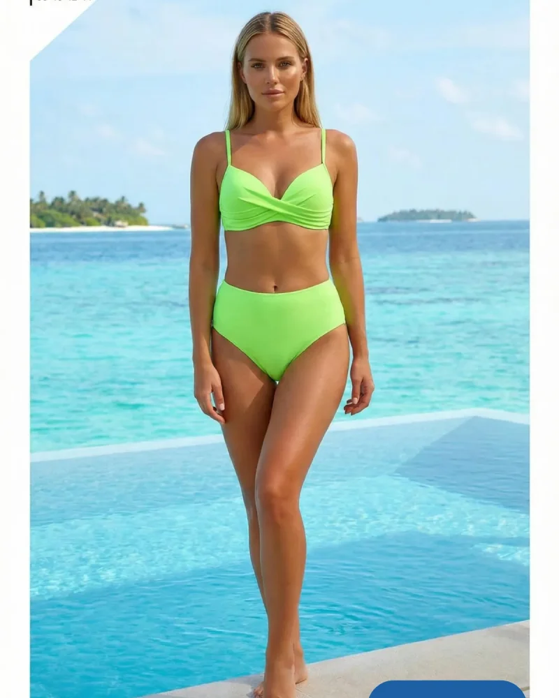 Toptan Neon Yeşil Kruvaze Yaka Yüksek Bel Bikini Takımı