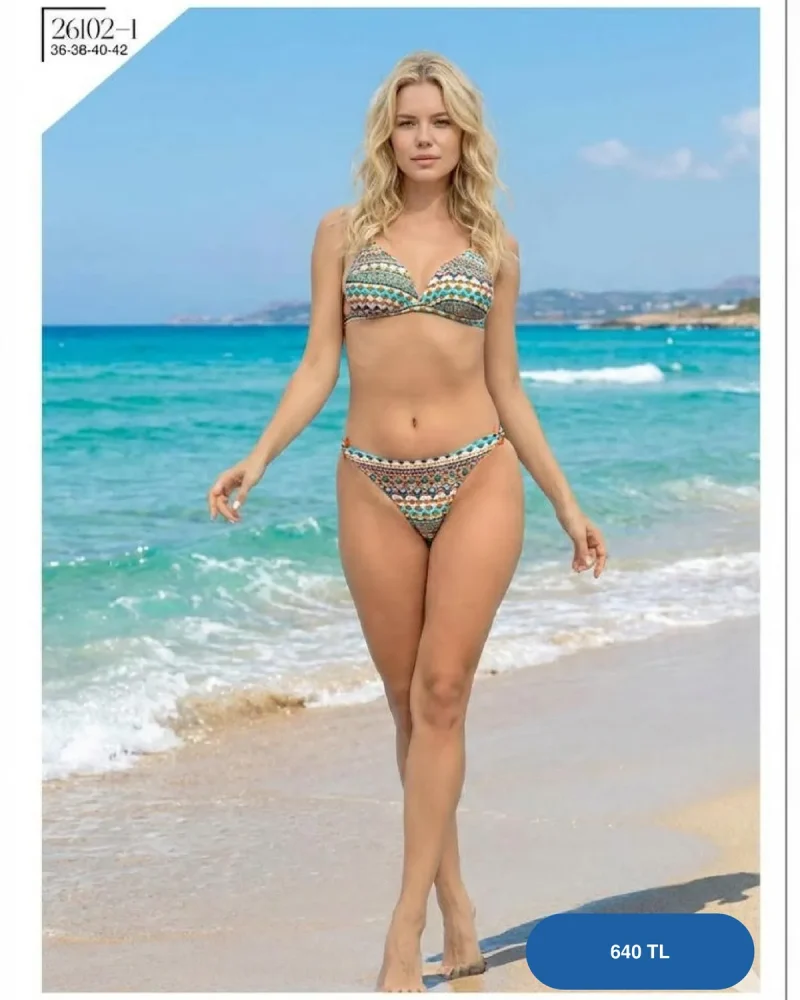 Toptan Etnik Çizgili Üçgen Bikini Takımı