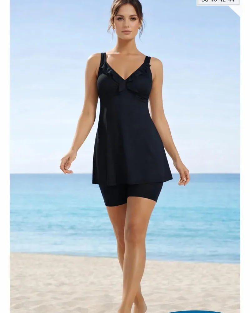 Toptan Siyah Fırfır Detaylı Etekli Şortlu Mayo