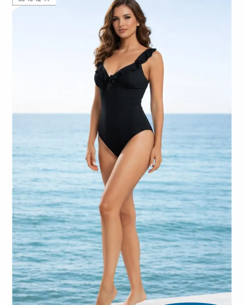 Toptan Siyah V Yaka Fırfırlı Mayo