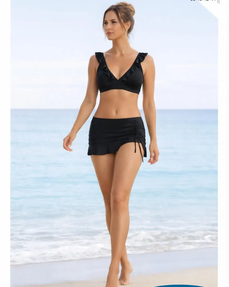 Toptan Siyah Fırfır Detaylı Etekli Bikini Takımı