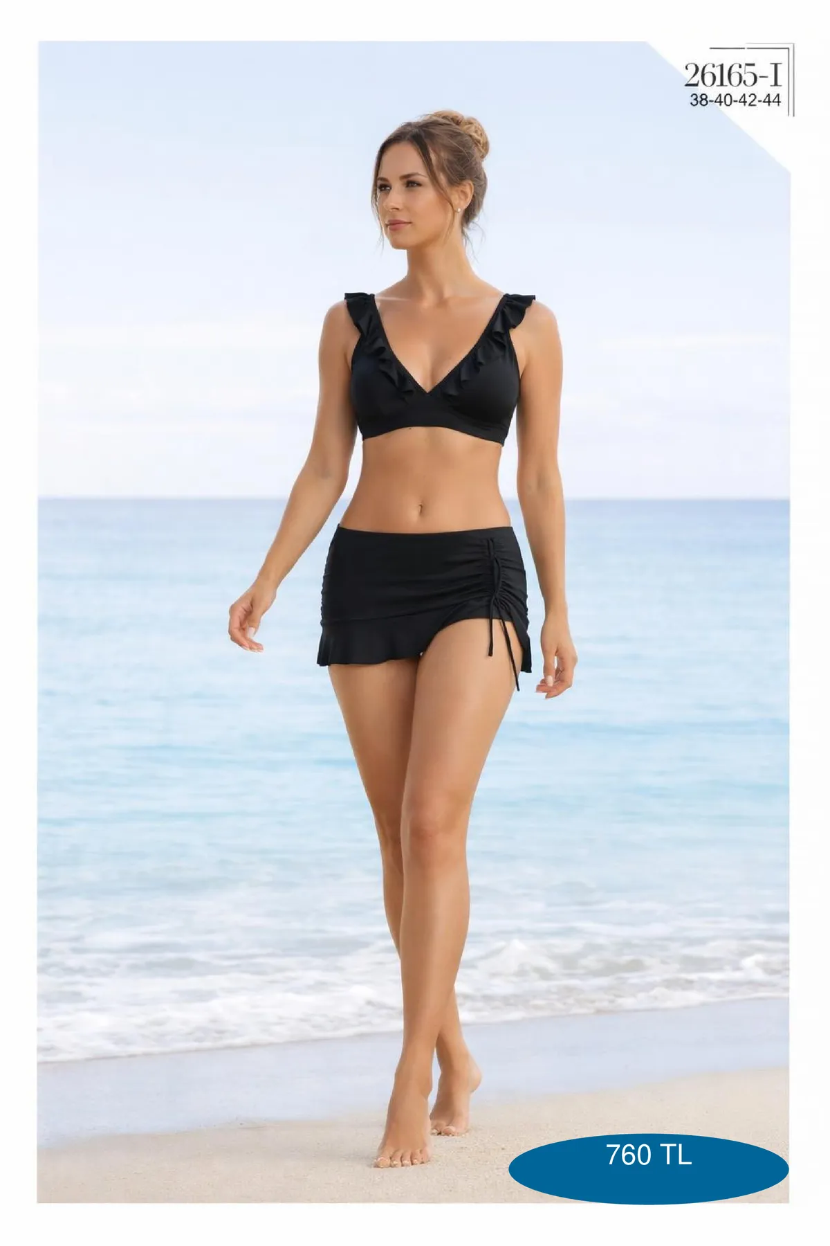 Toptan Siyah Fırfır Detaylı Etekli Bikini Takımı Toptan Siyah Fırfır Detaylı Etekli Bikini Takımı