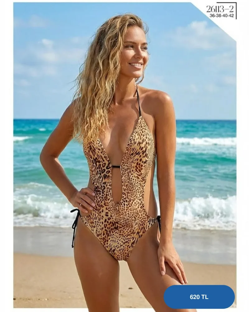 Toptan Leopar Desenli Dekolteli Mayokini