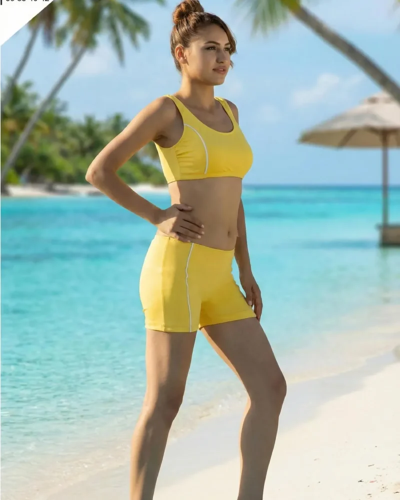 Toptan Sarı Beyaz Fitilli Spor Şortlu Bikini Takımı