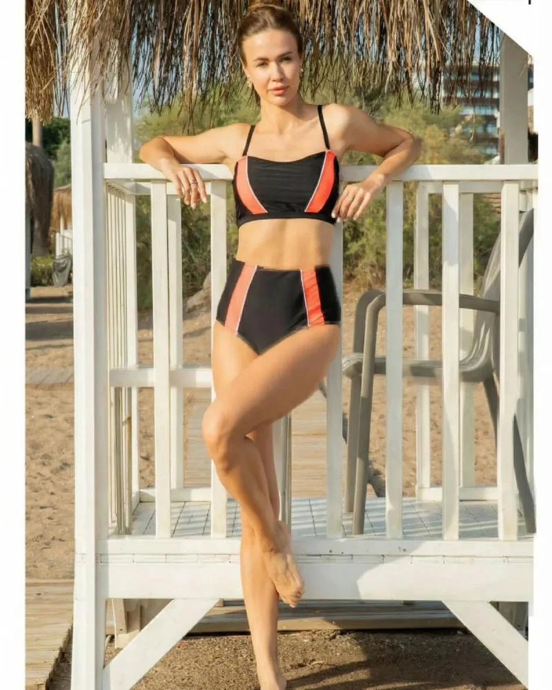 Toptan Haki Ebruli Desenli Etekli Bikini Takımı