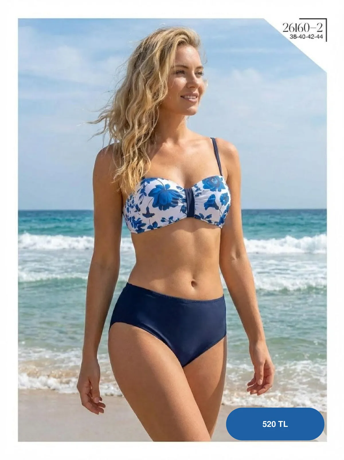 Toptan Mavi Çiçekli Yüksek Bel Bikini Toptan Mavi Çiçekli Yüksek Bel Bikini