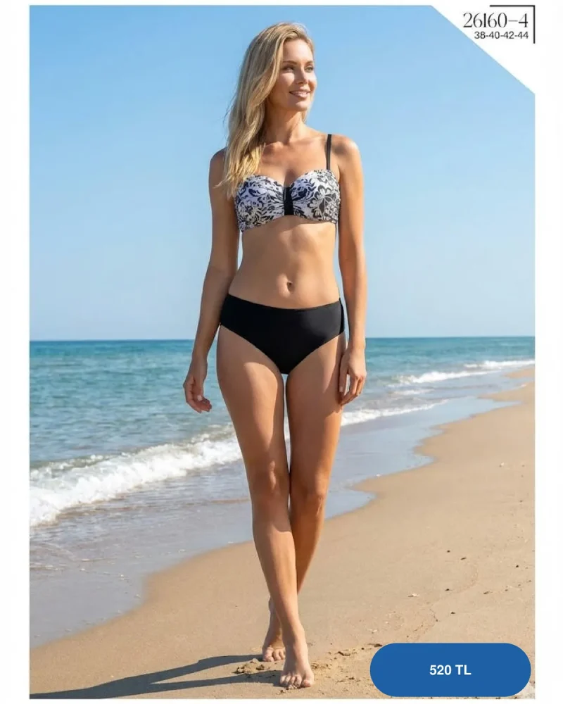 Toptan Siyah Beyaz Yaprak Desenli Bikini