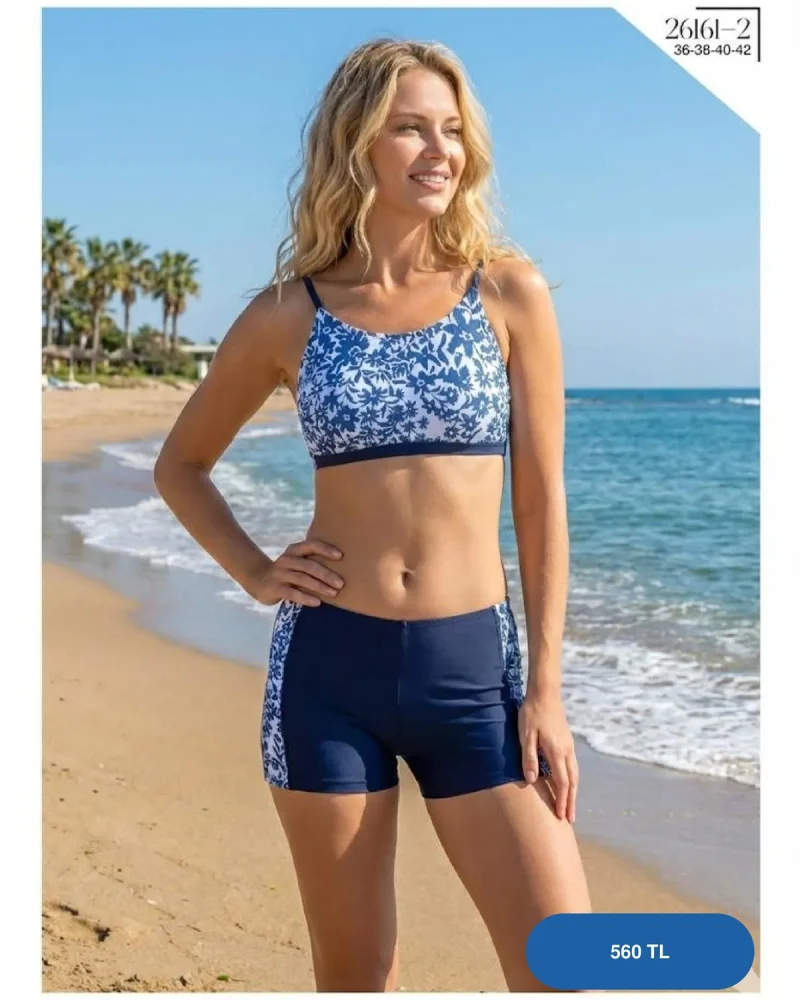 Toptan Şortlu Mavi Çiçekli Spor Bikini