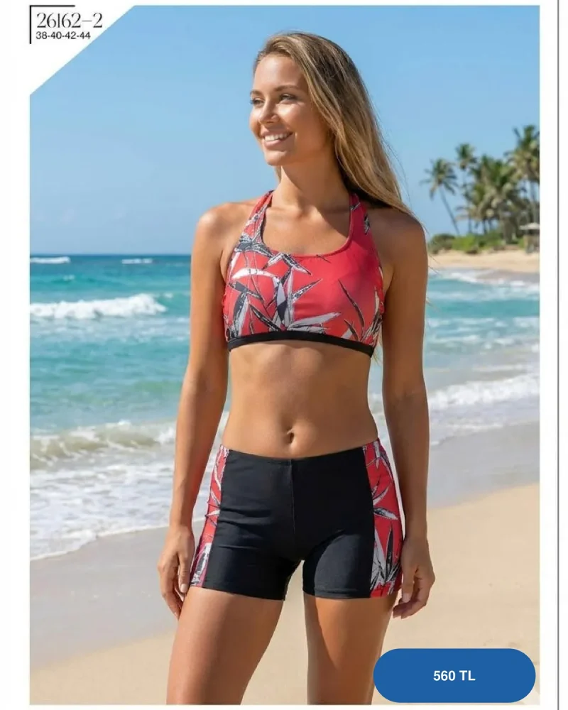 Toptan Kırmızı Yaprak Desenli Şortlu Bikini