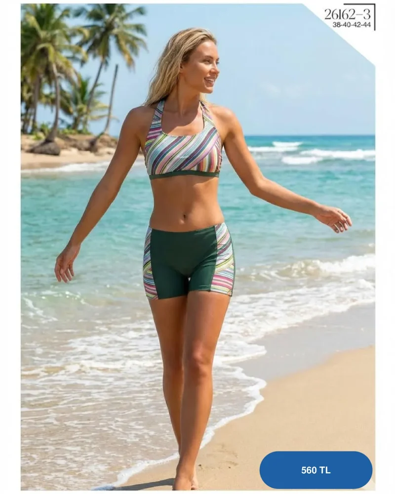 Toptan Çizgili Desenli Şortlu Spor Bikini