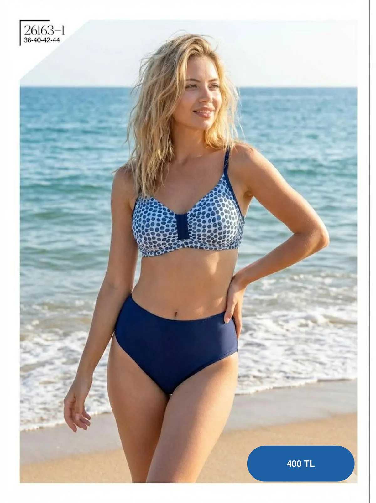 Toptan Mavi Puantiye Desenli Yüksek Bel Bikini Toptan Mavi Puantiye Desenli Yüksek Bel Bikini