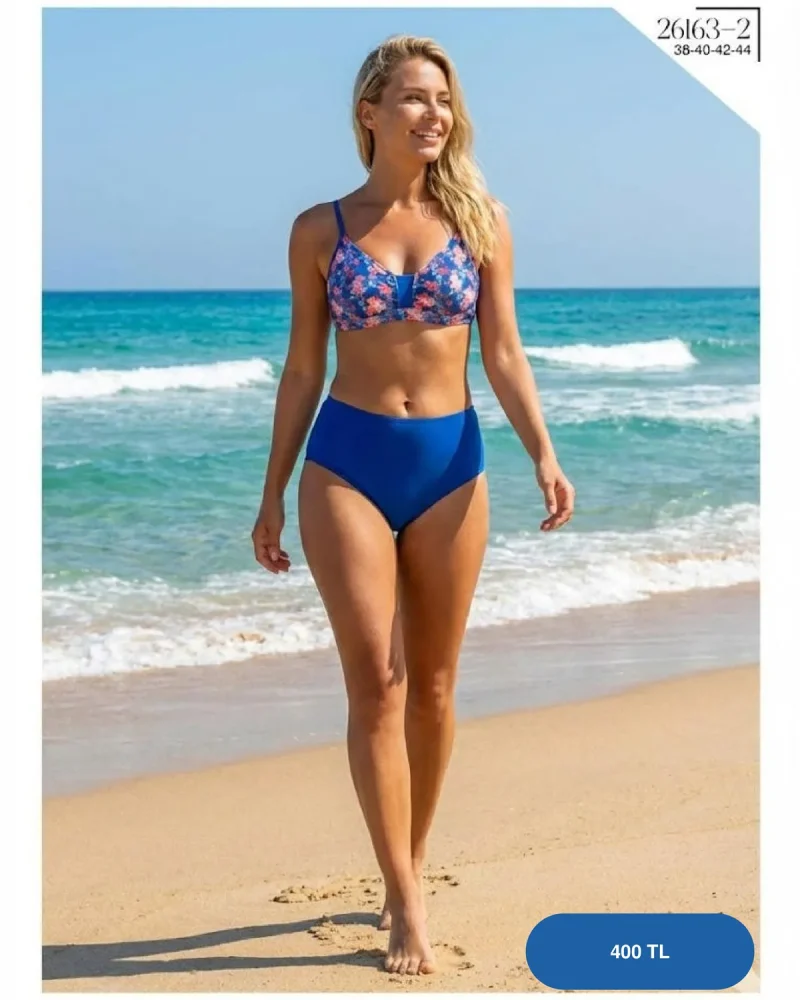 Toptan Saks Mavi Çiçekli Yüksek Bel Bikini