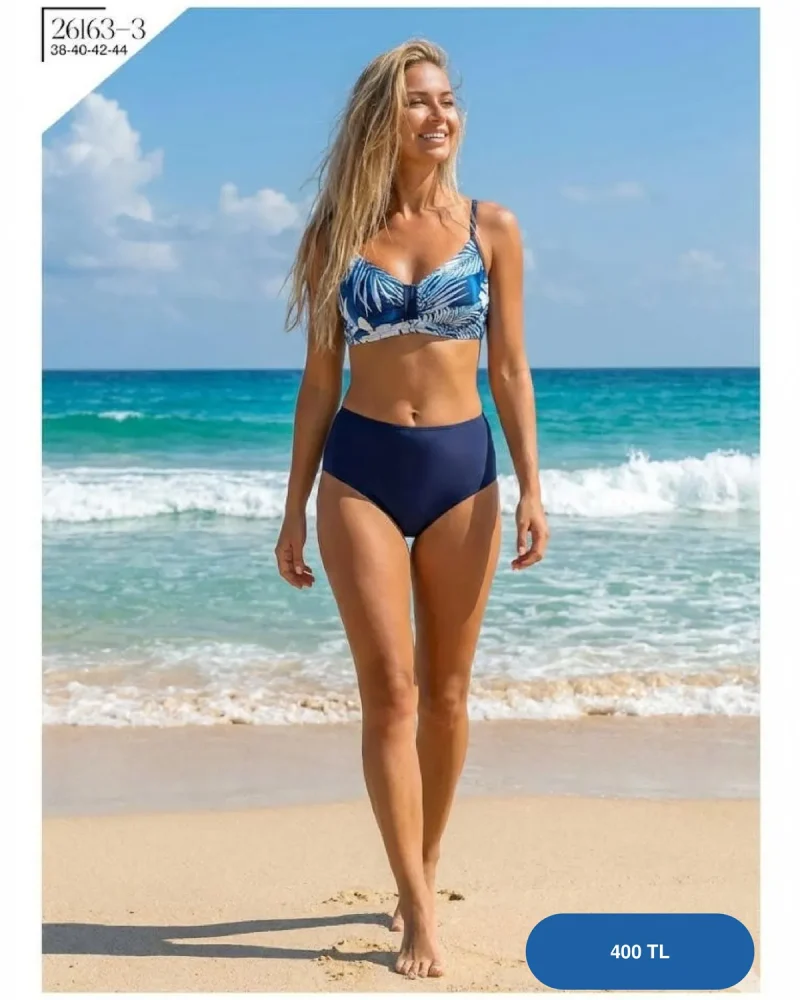 Toptan Lacivert Tropikal Desenli Bikini Takımı