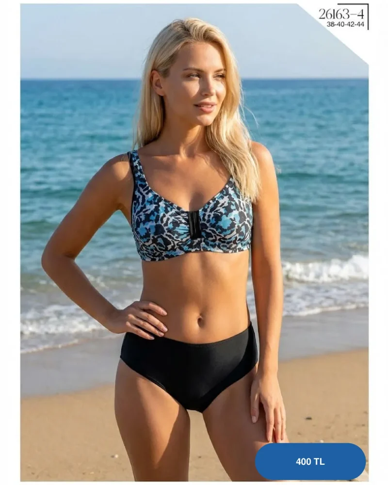 Toptan Mavi Leopar Desenli Yüksek Bel Bikini