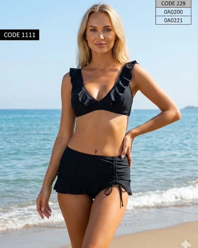 Toptan Siyah Fırfır Detaylı Şortlu Bikini