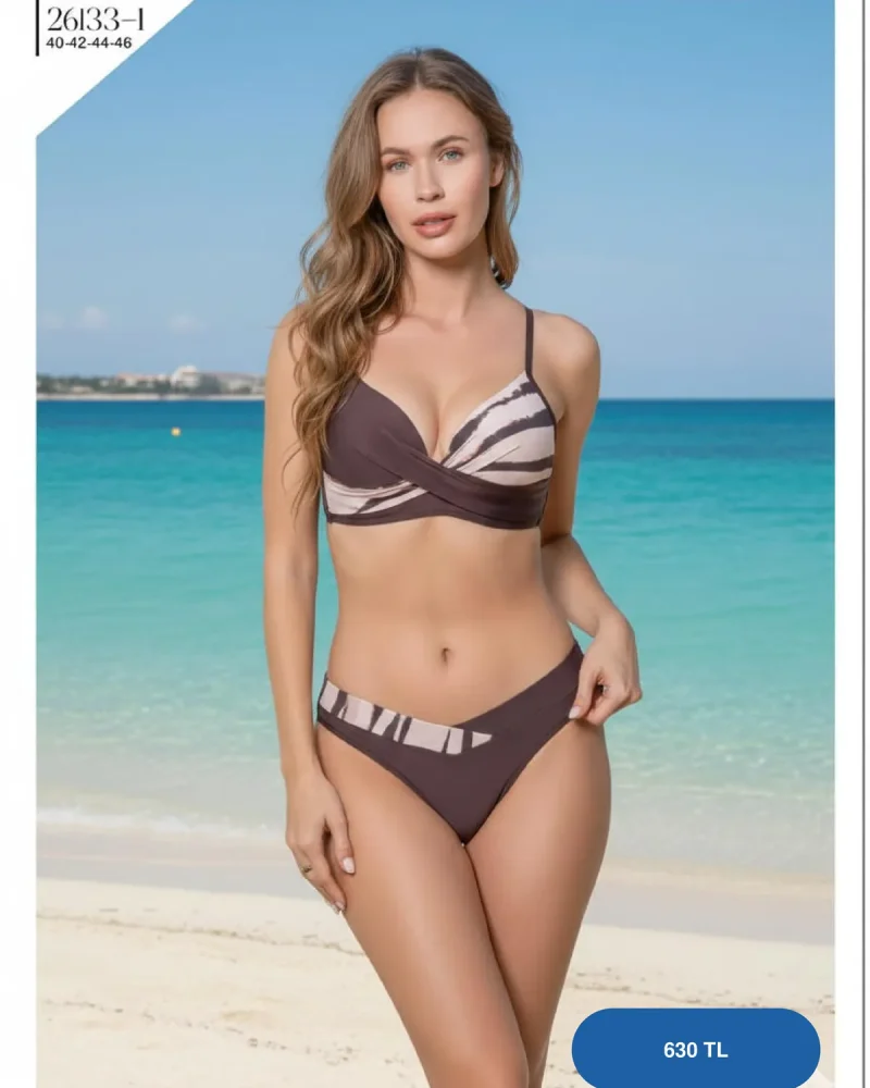 Toptan Kahverengi Çizgi Desenli Kruvaze Bikini Takımı