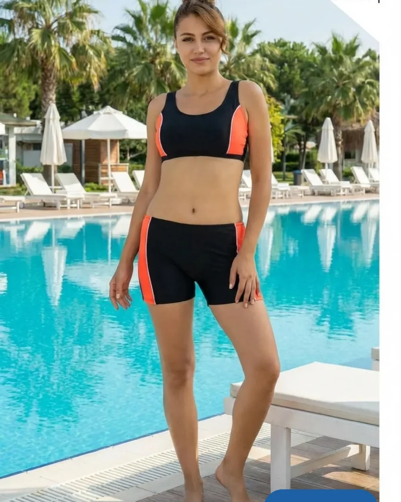 Toptan Siyah Turuncu Spor Şortlu Bikini Takımı
