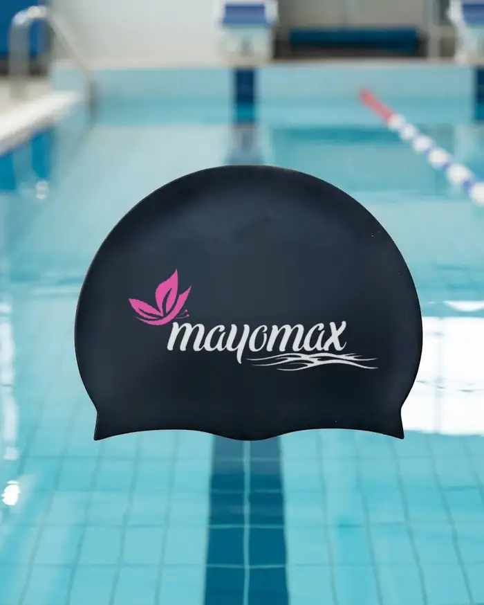 Two-colour screen printed logo on a black silicone swim cap