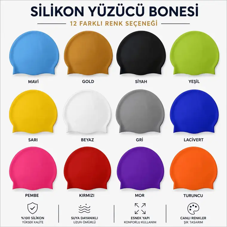 Silicone swim cap colour chart: blue, gold, black, green, yellow, white, grey, navy, pink, red, purple, orange